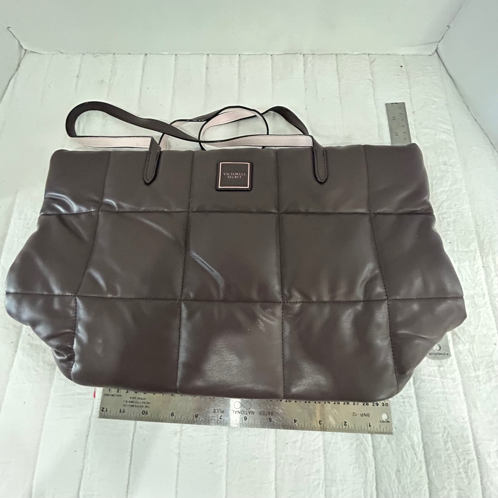 Victorias Secret Quilted Puffer Tote Bag Brown Pink Faux Leather Large Handbag